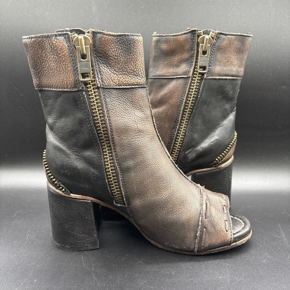 Freebird Zombi Leather Ankle Bootie Women's 8 Brown Zip Buckle Fringe Round Toe